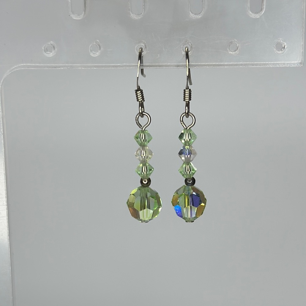 Green Crystal Dangle Earrings with Iridescent Beads
